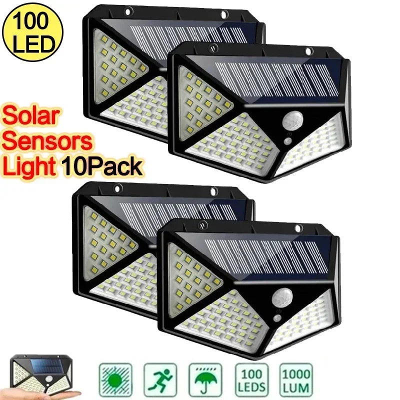 Lâmpada Luzes solares LED com sensor de movimento PIR, lâmpada ao ar livre, luz solar alimentada, luz de rua para jardim, 100 LEDs, 1 Pc, 2 Pcs, 4Pcs