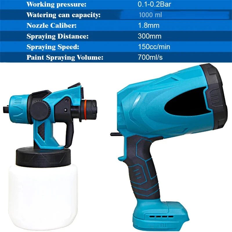 Pistola de pintura elétrica sem fio de alta potência, 1000ml, HVLP, Auto Móveis, Revestimento de aço, Aerógrafo para Makita 18V Bateria