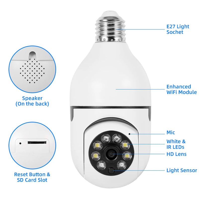 Câmera de Vigilância Visão Noturna, 5MP, Lâmpada E27, 5G, WiFi, Zoom Digital 4X, Colorido, Rastreamento Humano Automático, Câmera de Monitor de Segurança