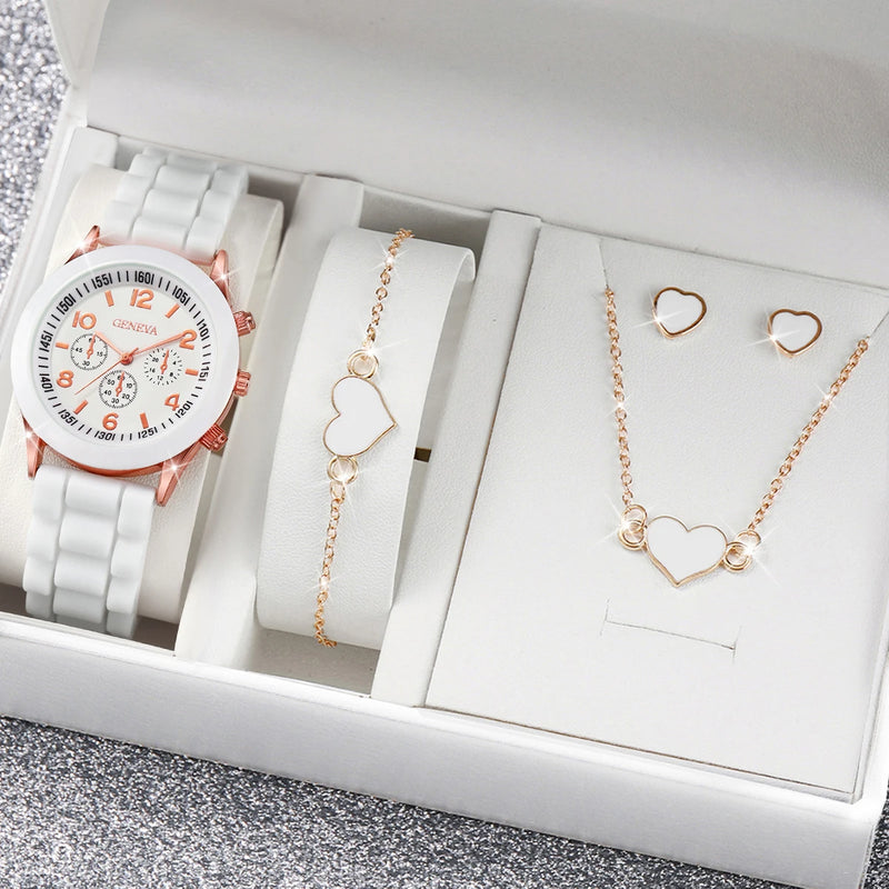 Relógio Feminino kit 5 peças Geneva pulseira de silicone