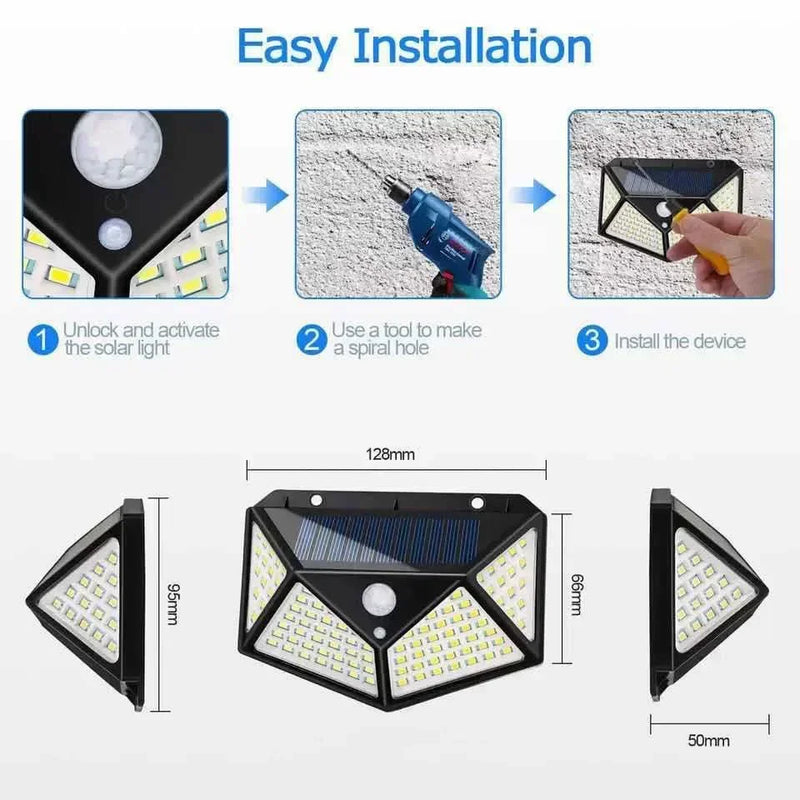 Lâmpada Luzes solares LED com sensor de movimento PIR, lâmpada ao ar livre, luz solar alimentada, luz de rua para jardim, 100 LEDs, 1 Pc, 2 Pcs, 4Pcs