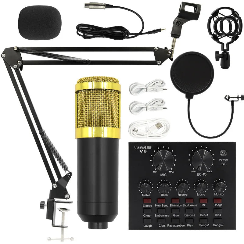 Kit microfone, placa de som profissional streaming transmissão ao vivo podcast gravação estúdio equipamentos trocador voz interface áudio